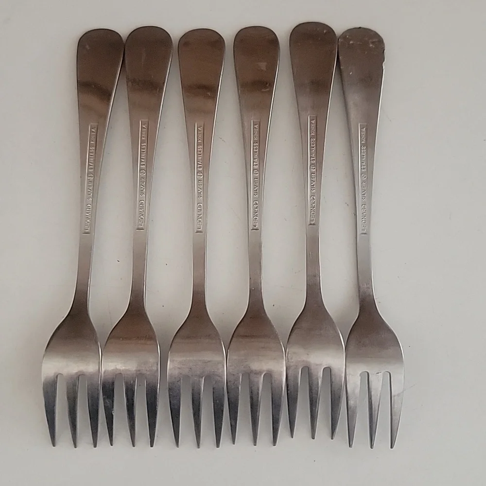 Stainless Steel Dessert Fork Set Leonard Korea 6 Pieces Vintage Silver